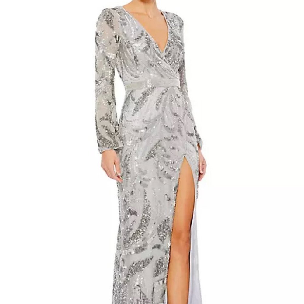 Mac Duggal Platinum Gray Swirl Sequin Long Sleeve Faux Wrap Gown